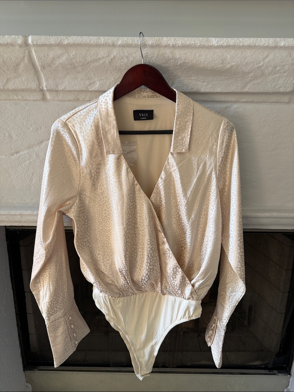 VICI Ivory Satin Wrap Bodysuit with Notched Collar